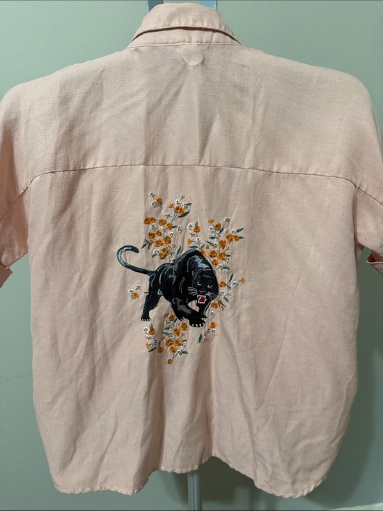 Topshop Tops - Topshop Pink Button-Down Shirt with Embroidered Black Panther